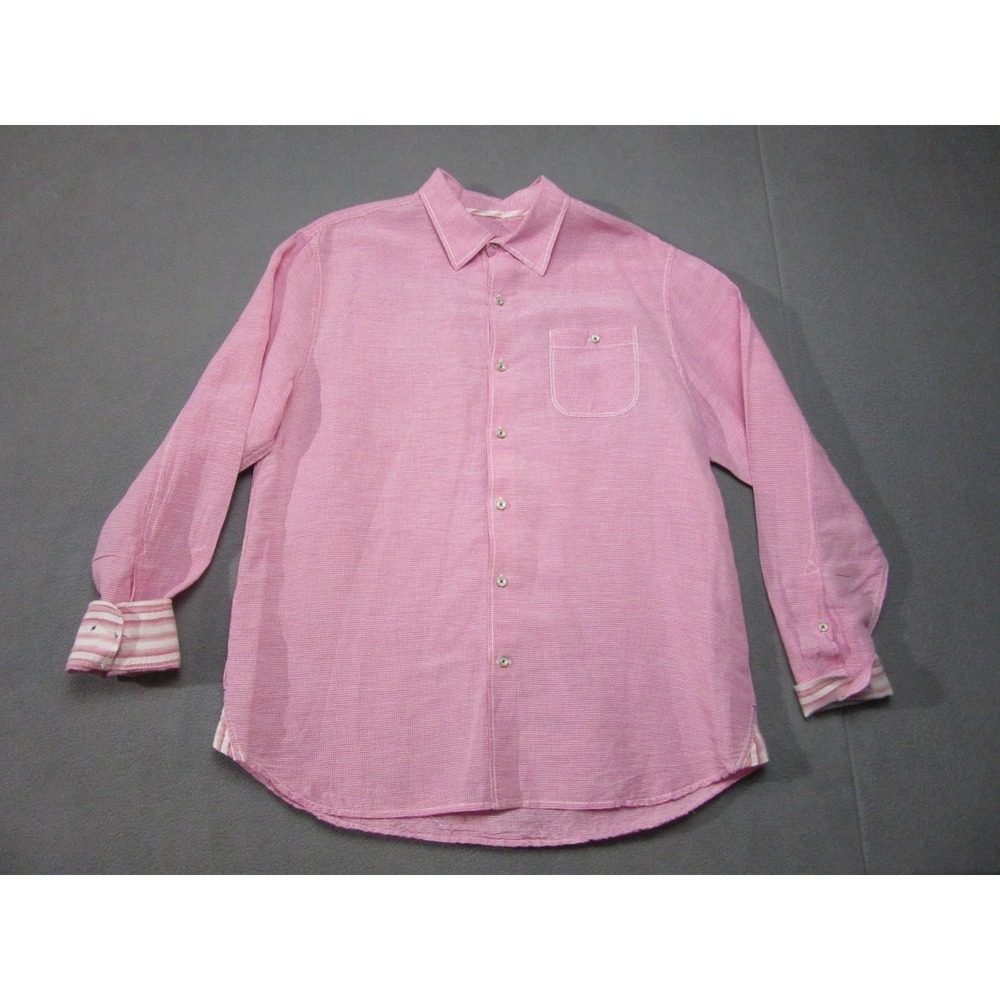 Tommy Bahama Shirt Men Large Pink Linen Blend Sand Check Flip Cuff Everyday Wear